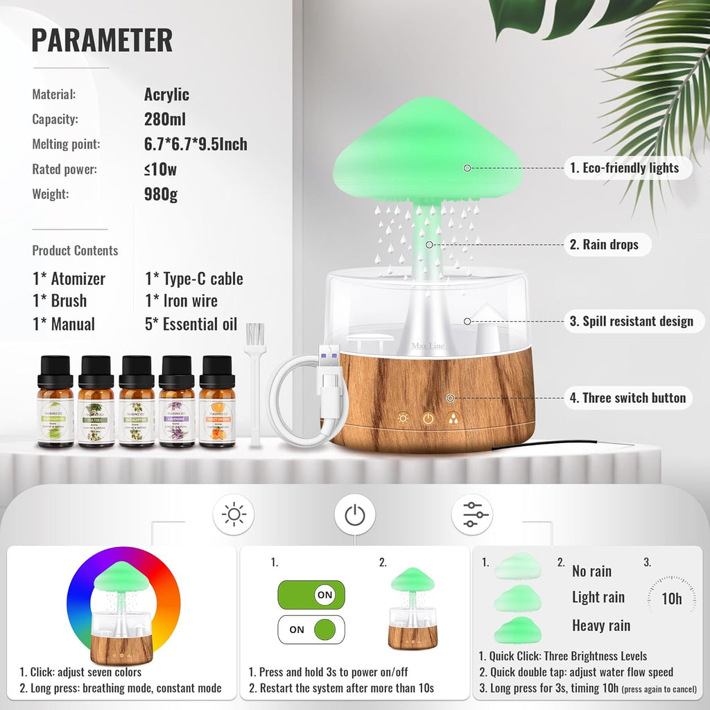 Rain Cloud Humidifier Night Light Aromatherapy Essential Oil, Cloud Diffuser with Rain with 7 Changing Colors, Desk Bedside for Sleeping Relaxing Mood, White